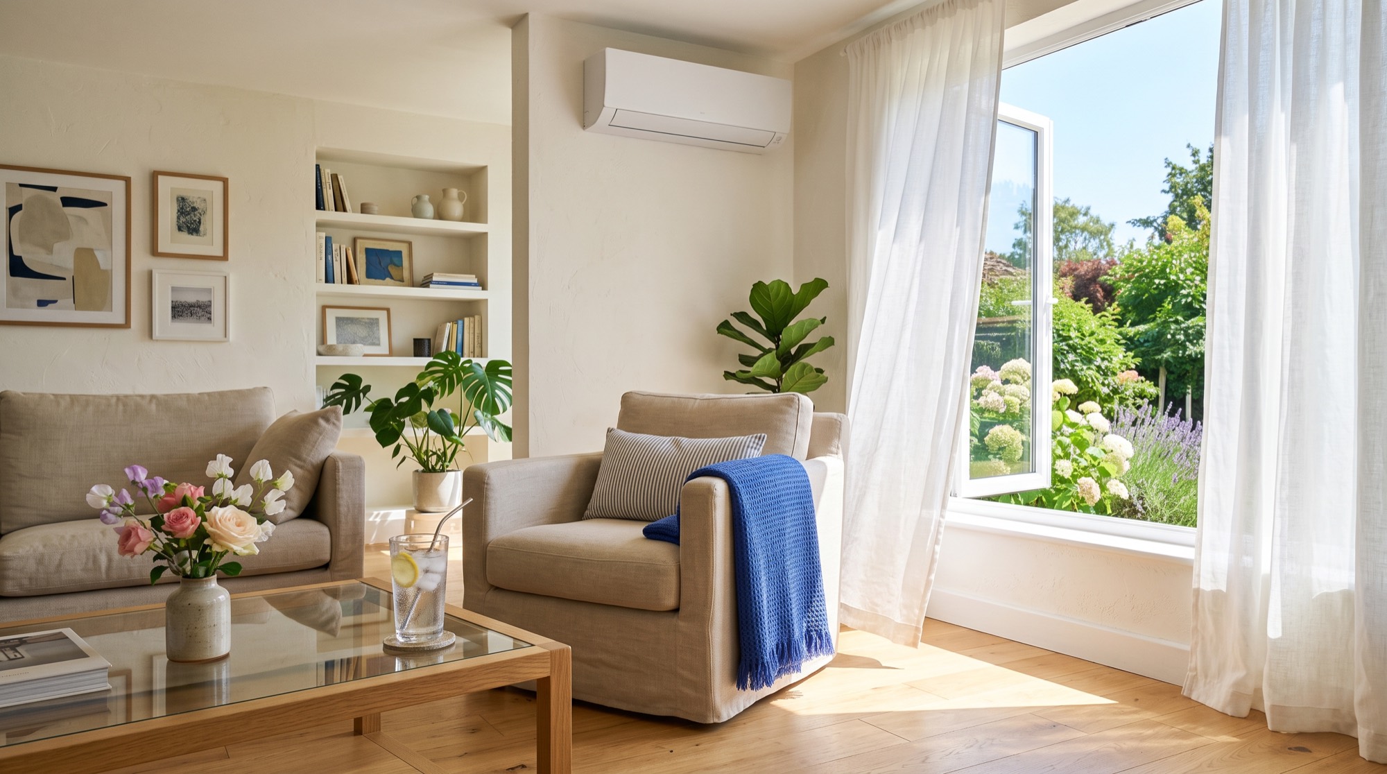 A bright living room on a summer day with a discreet wall-mounted air conditioning unit
